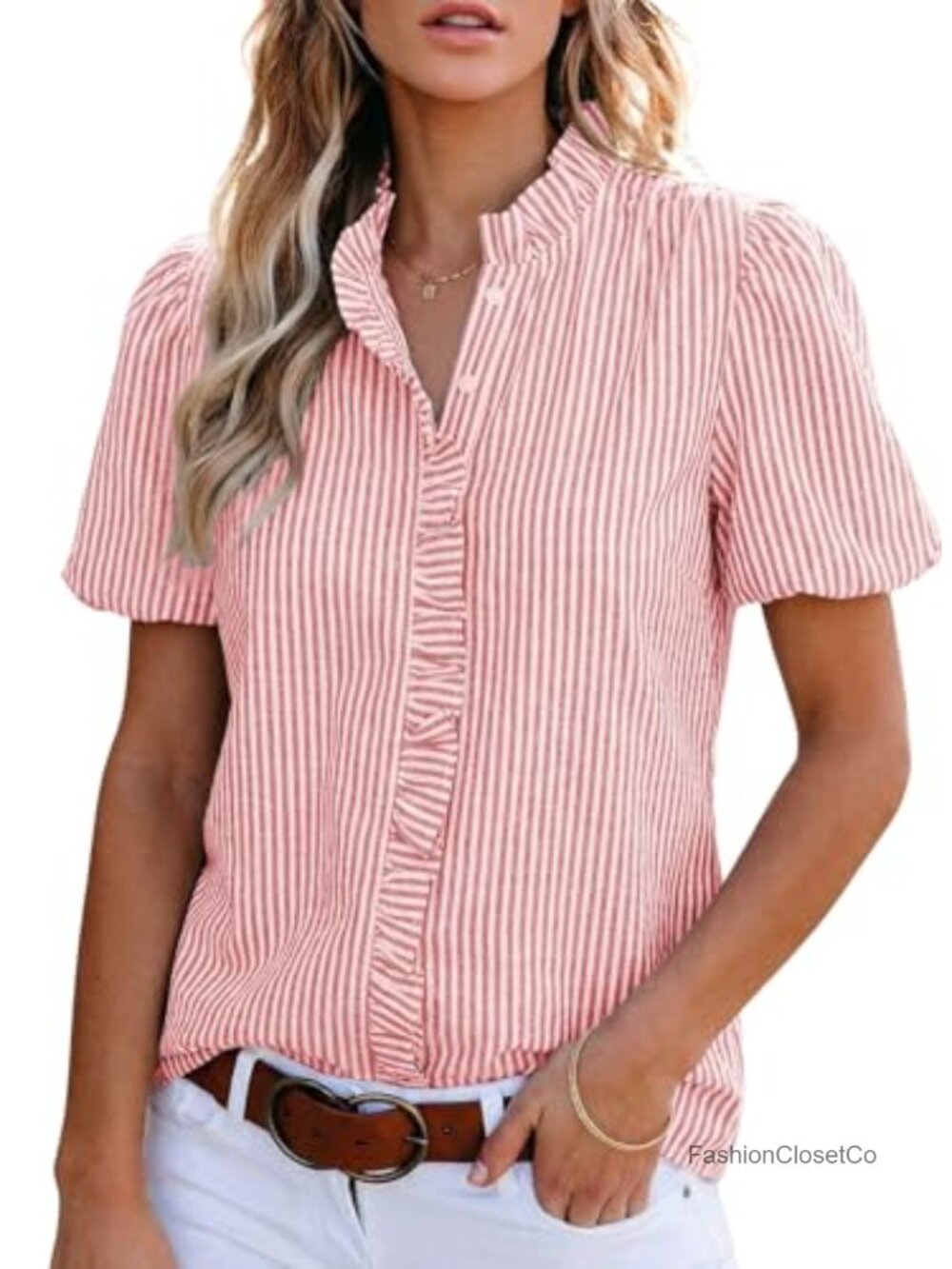 Puff Sleeve Ruffle Collar Striped Button Down Blouse - Picture 5 of 6